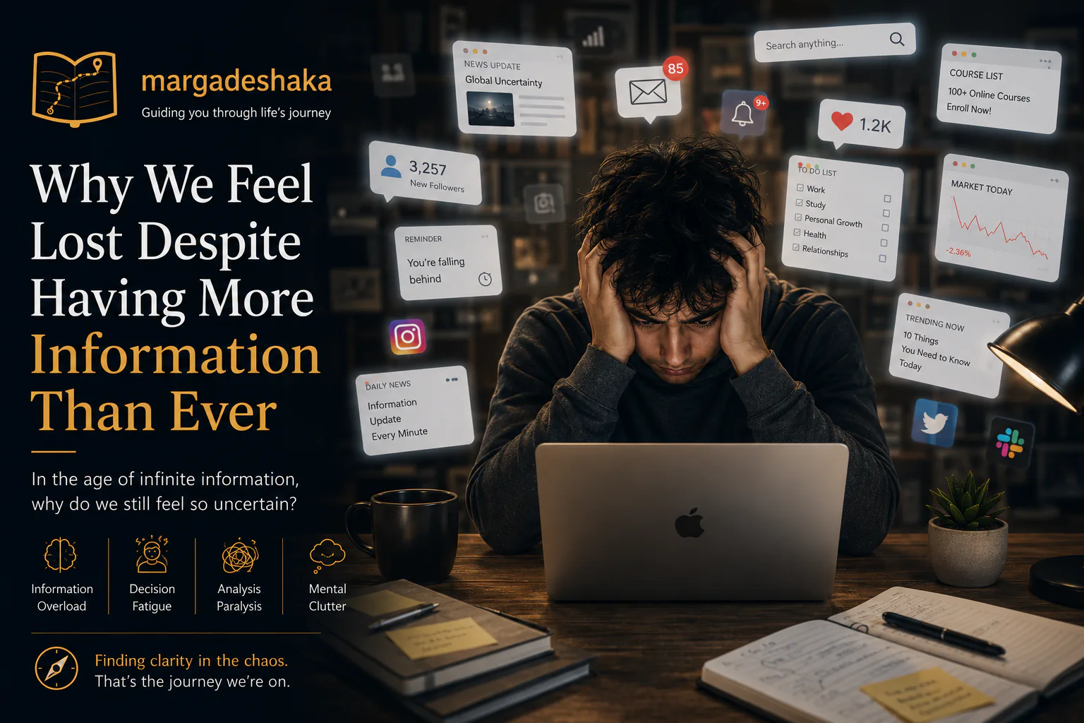 A person sits at a laptop with their head in their hands, surrounded by floating notifications — news alerts, unread mail, follower counts, to-do lists and market charts — crowding in from every side.